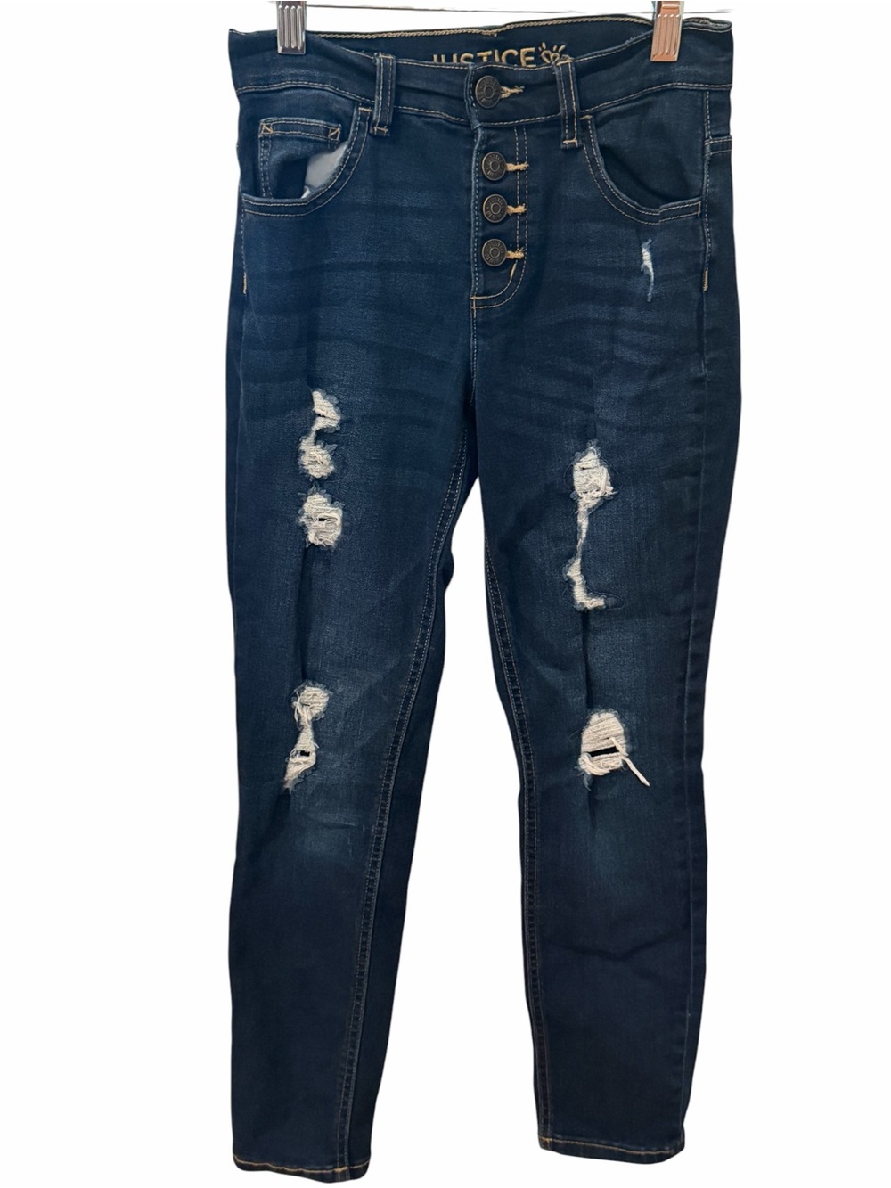 Justice Girls Distressed Skinny Jeans Dark Wash Button Fly Size 12